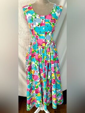 Vintage 80s Milanzo Multicolor Floral Tie Back Cotton Midi Dress, Size 7/8